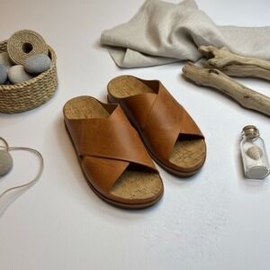 KORK-EASE Womens Brown Leather Criss Cross Cork Footbed Slides Sandals Size 8